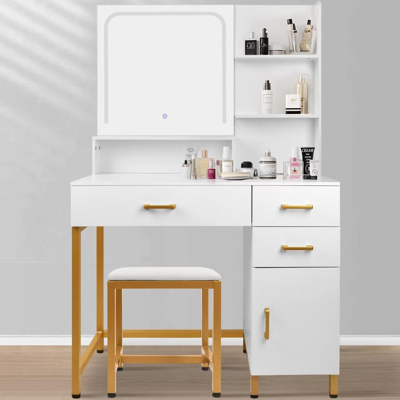 Makeup Vanity Desk with Mirror & Lights, Vanity Table Set with Storage Dousy-Home Makeup Vanity Desk with Mirror & Lights, Vanity Table Set with Storage Dousy-Home