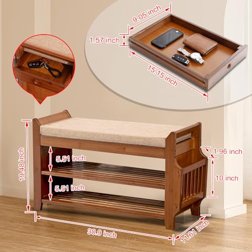 Shoe Storage Bench for Entryway, Bamboo Entryway Bench with Hidden Drawer and Side Brackets,2-Tier Shoe Rack Organizer for Entryway, Hallway,Bedroom and Bathroom…