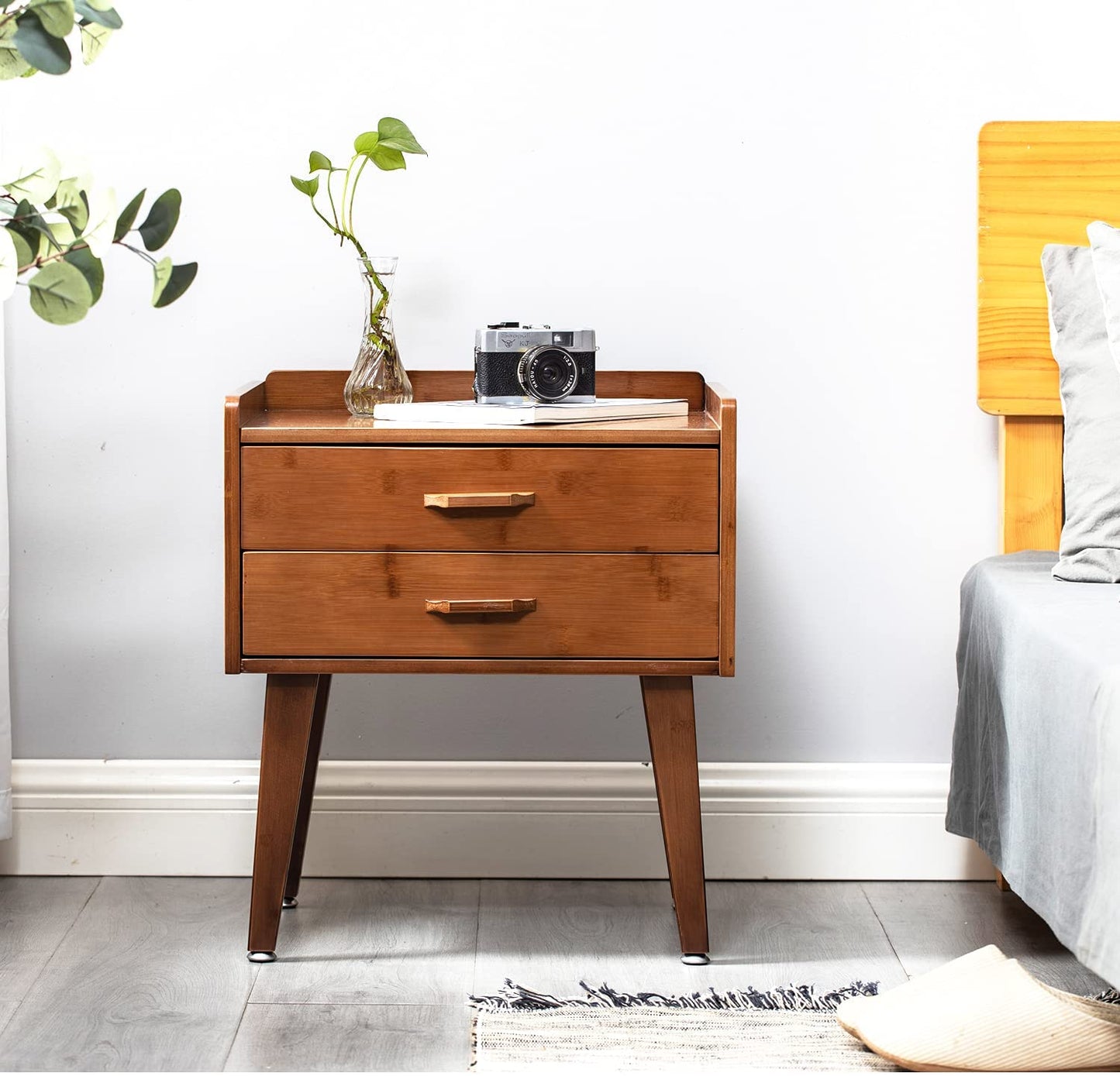 Bamboo Nightstand / Side Table with Drawers (Walnut or Wood Color)