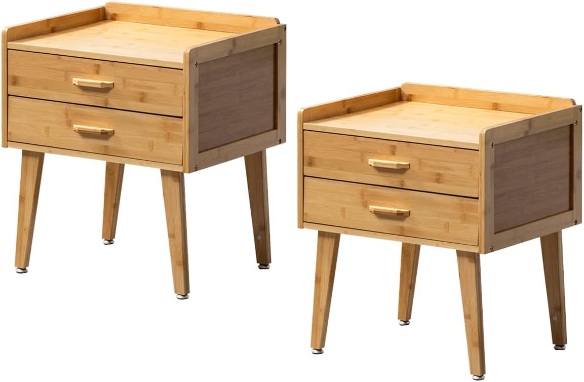 Bamboo Nightstand / Side Table with Drawers (Walnut or Wood Color)