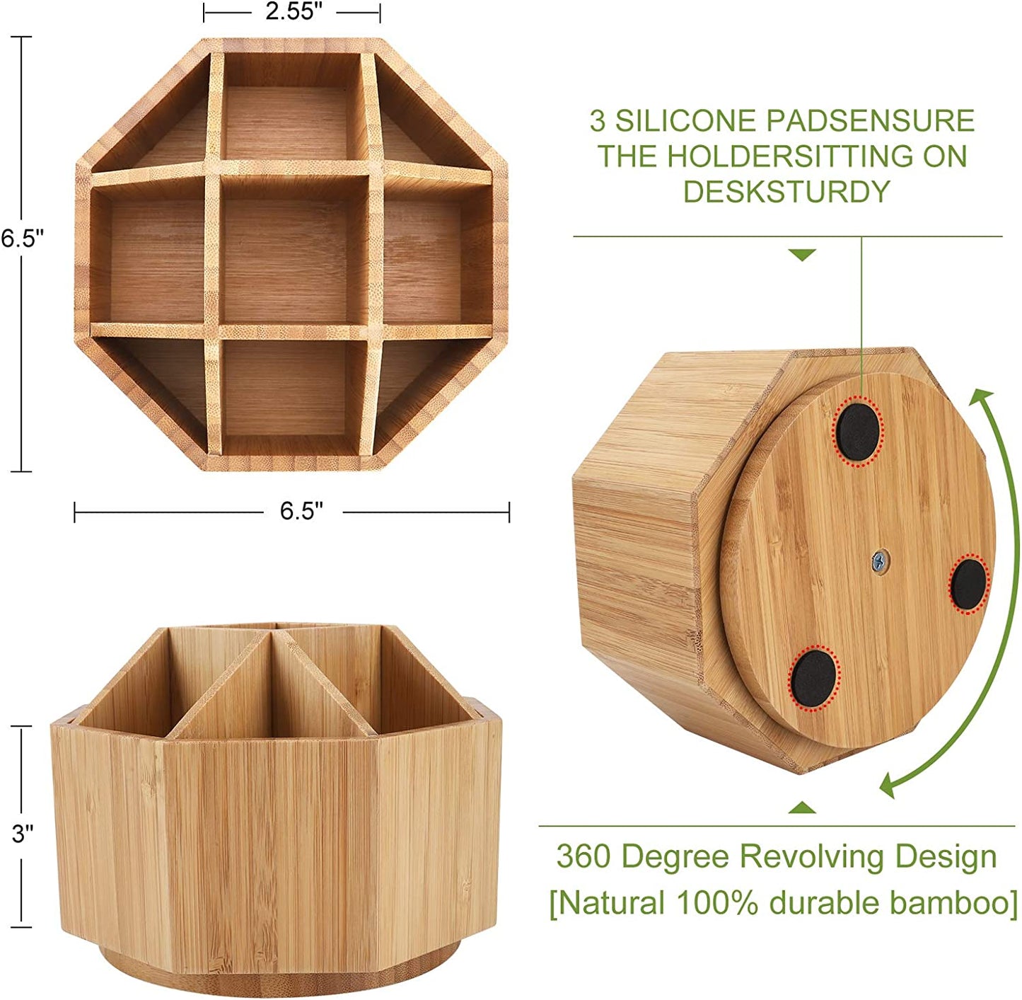 Bamboo Desktop Storage Unit, Office Stationery Box - 360 Degree Rotation, 9 grids