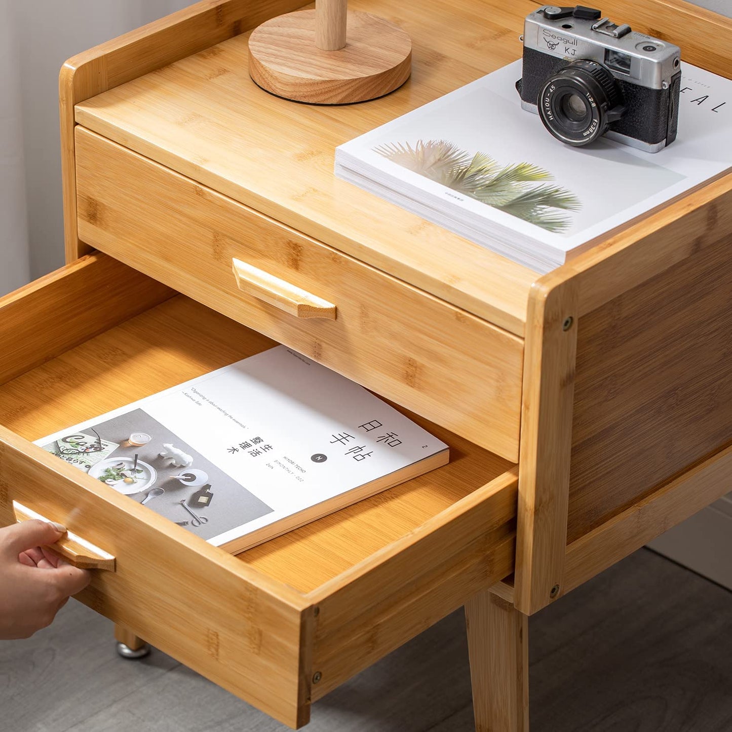 Bamboo Nightstand / Side Table with Drawers (Walnut or Wood Color)