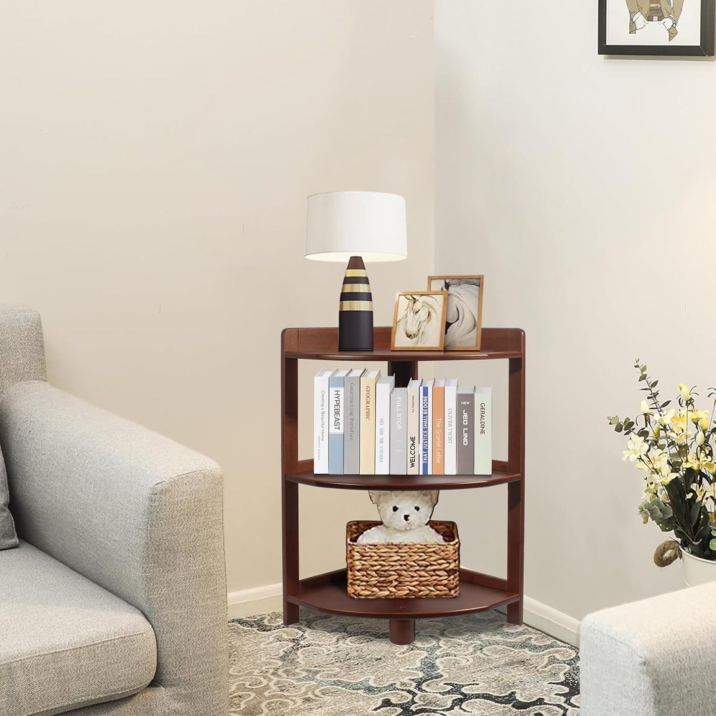 3 Tier Bamboo Corner Bookshelf, Mid Century Modern Corner Shelf, 24" Short Corner Bookcase with Storage Display Rack for Living Room, Bedroom, Home Office