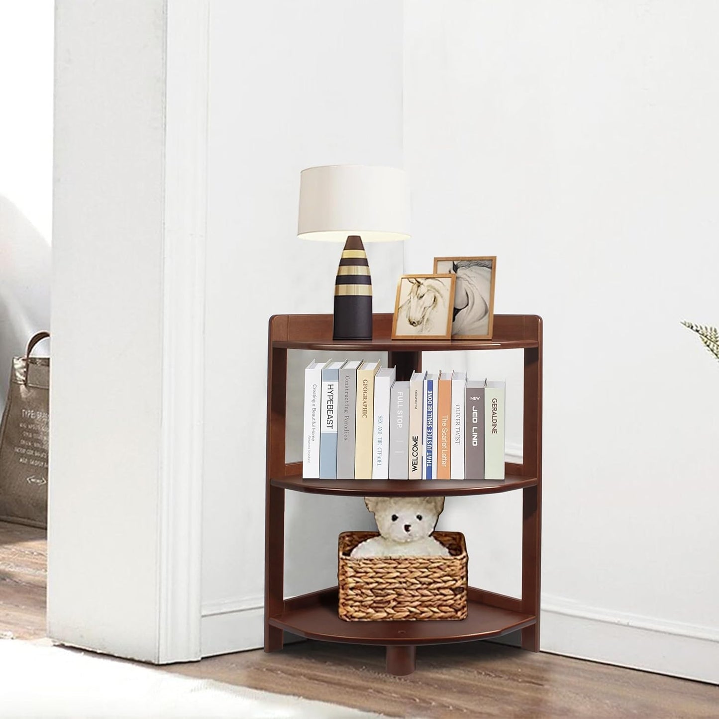 3 Tier Bamboo Corner Bookshelf, Mid Century Modern Corner Shelf, 24" Short Corner Bookcase with Storage Display Rack for Living Room, Bedroom, Home Office